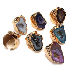 Women Rough Stone Druzy Ring Crystal Quartz Geode Open Adjusted Hole Inlaid