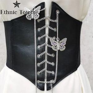 Women Corset Wide Belts PU Leather Butterfly Waistband Sexy Metal Accessory