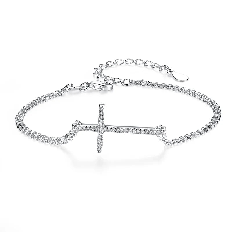 925 Silver Cross Bracelet High CZ Women Wrist Jewelry