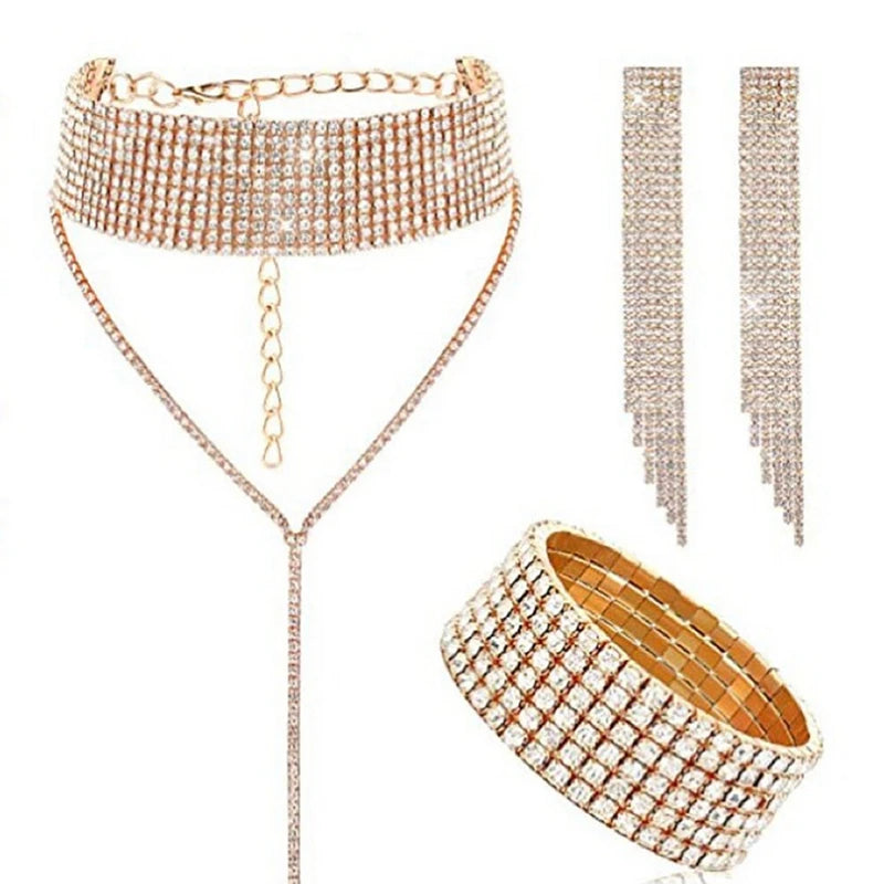 Crystal Wedding Jewelry Set Choker Bracelet Earrings
