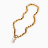 Cuban Chain Necklace Stainless Steel 18K Plated Chocker Freshwater Pearl Pendant
