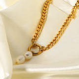 Cuban Chain Necklace Stainless Steel 18K Plated Chocker Freshwater Pearl Pendant