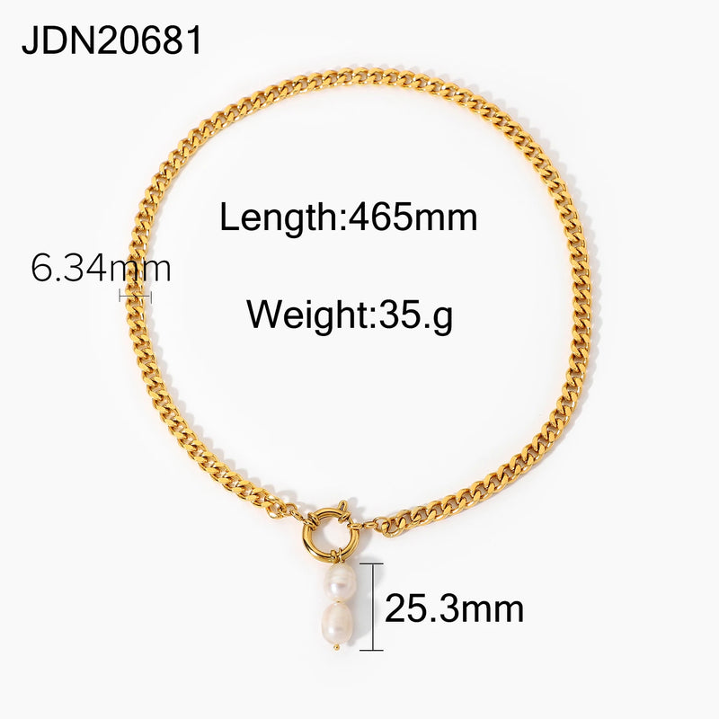 Cuban Chain Necklace Stainless Steel 18K Plated Chocker Freshwater Pearl Pendant