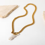 Cuban Chain Necklace Stainless Steel 18K Plated Chocker Freshwater Pearl Pendant