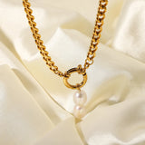 Cuban Chain Necklace Stainless Steel 18K Plated Chocker Freshwater Pearl Pendant