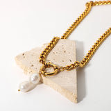 Cuban Chain Necklace Stainless Steel 18K Plated Chocker Freshwater Pearl Pendant
