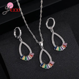 Women CZ Pendant Necklace Earrings Set Colorful Jewelry