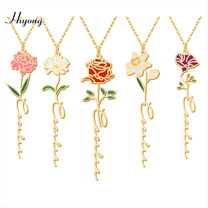 Personalized Birth Flower Necklace Stainless Steel Jewelry