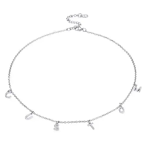 Women Choker Stainless Steel Jewelry Crystal CZ Letter Name Necklace