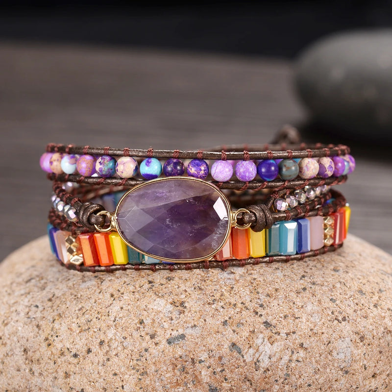 Purple Stones Wrap Bracelets Crystals Beaded Yoga Jewelry