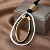 Women Double Round Circles Pendant Long Chain Necklace Sweater Chain