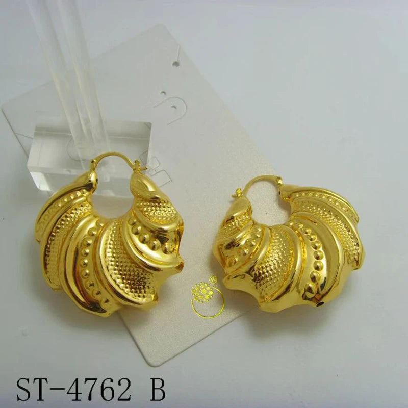 24K Plated Geometric Hoop Clip Earrings African Dubai Golden Jewelry