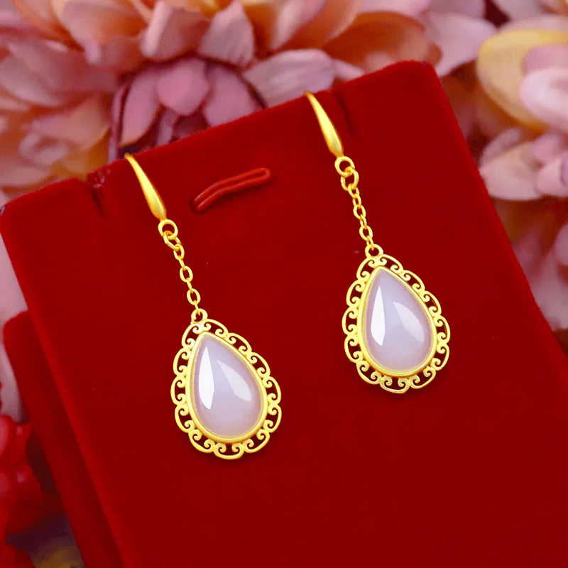 14K Drop Earring Green Agate Stone Gemstone Jewelry
