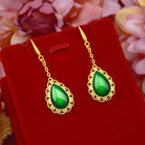 14K Drop Earring Green Agate Stone Gemstone Jewelry