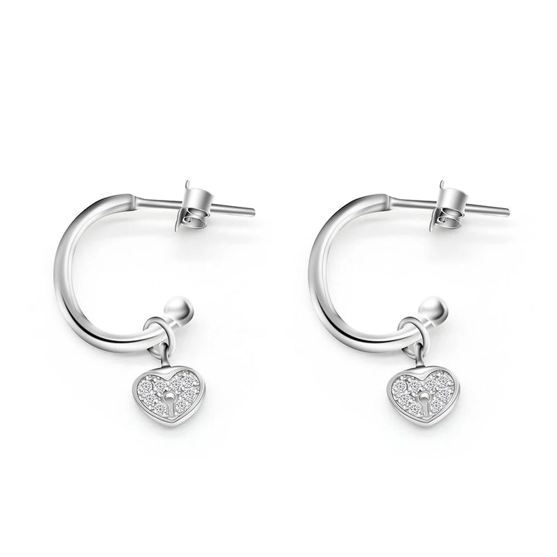925 Silver Heart Key CZ Earrings Romantic Love Jewelry