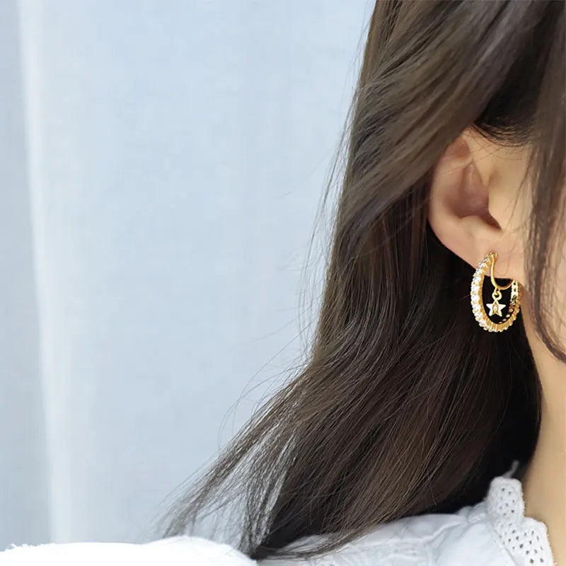 Pearl Pentagram Micro Inlaid Zircon Asymmetric Earring