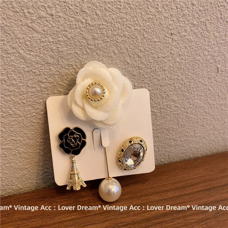 Vintage Camellia Pearl Brooch Set for Lady Clothing