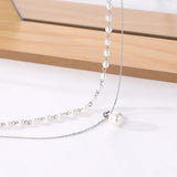 Women Shell Pearl Pendant Necklace Sterling Silver 925 Two Layered Chain