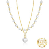 Women Shell Pearl Pendant Necklace Sterling Silver 925 Two Layered Chain