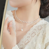 Women Shell Pearl Pendant Necklace Sterling Silver 925 Two Layered Chain