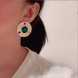 Vintage Women Emerald Glazed Earrings Thin Frosted Vintage Silver Needle Circle
