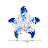 Enamel White-and-Blue Orchid Flower Pearl Brooch Pin Golden Plated