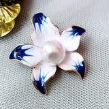 Enamel White-and-Blue Orchid Flower Pearl Brooch Pin Golden Plated