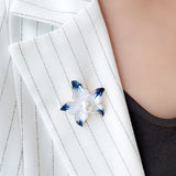 Enamel White-and-Blue Orchid Flower Pearl Brooch Pin Golden Plated