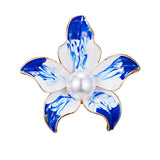 Enamel White-and-Blue Orchid Flower Pearl Brooch Pin Golden Plated