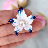 Enamel White-and-Blue Orchid Flower Pearl Brooch Pin Golden Plated