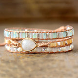 Women Leather Wrap Bracelet Labradorite Rhinestone Moonstone Beads 3 Strands