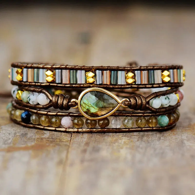 Women Leather Wrap Bracelet Labradorite Rhinestone Moonstone Beads 3 Strands