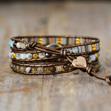 Women Leather Wrap Bracelet Labradorite Rhinestone Moonstone Beads 3 Strands