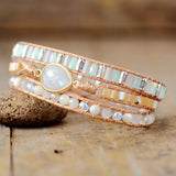Women Leather Wrap Bracelet Labradorite Rhinestone Moonstone Beads 3 Strands
