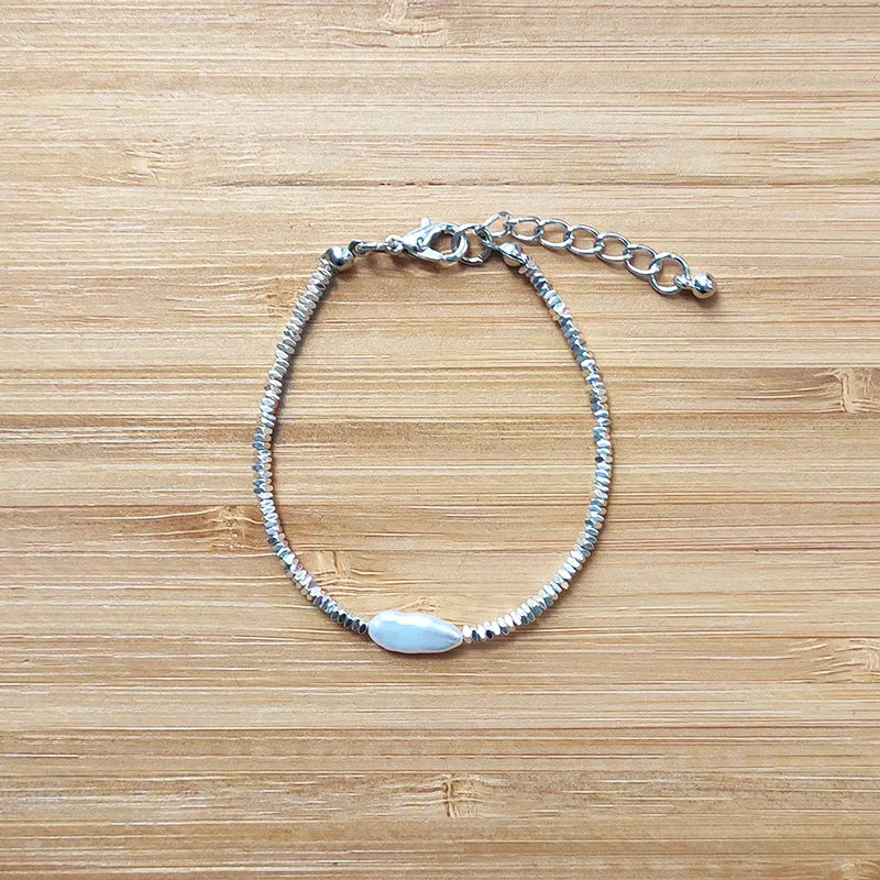 Silver-Color Beads Bracelet w/ Irregular Pearl Embellishment Jewelry