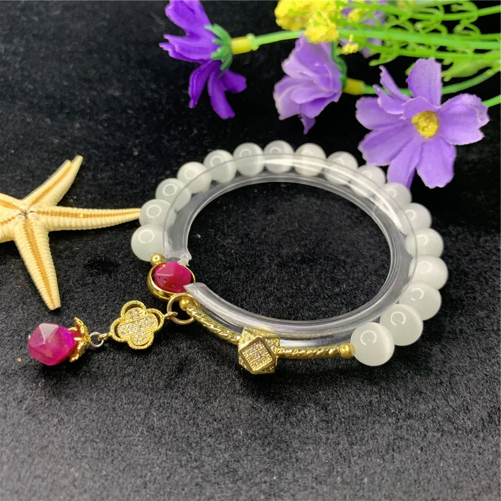 Opal Stone Bracelet with Cat Eyes Stone Pendant Chain