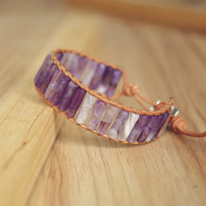 Bohemia Leather Wrap Bracelet with Purple Crystal Beads