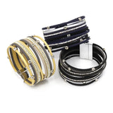Women Bracelet Multilayer Leather Rope Inlay Rhinestone Magnet Clasp Bangles