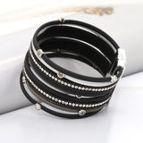 Women Bracelet Multilayer Leather Rope Inlay Rhinestone Magnet Clasp Bangles
