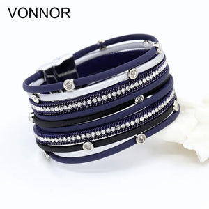 Women Bracelet Multilayer Leather Rope Inlay Rhinestone Magnet Clasp Bangles