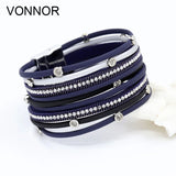 Women Bracelet Multilayer Leather Rope Inlay Rhinestone Magnet Clasp Bangles