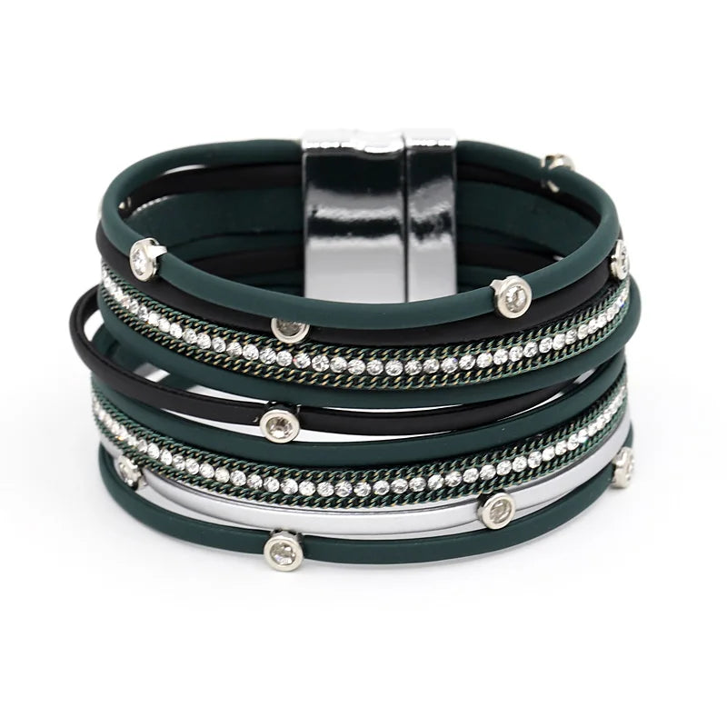 Women Bracelet Multilayer Leather Rope Inlay Rhinestone Magnet Clasp Bangles