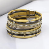 Women Bracelet Multilayer Leather Rope Inlay Rhinestone Magnet Clasp Bangles