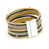 Women Bracelet Multilayer Leather Rope Inlay Rhinestone Magnet Clasp Bangles