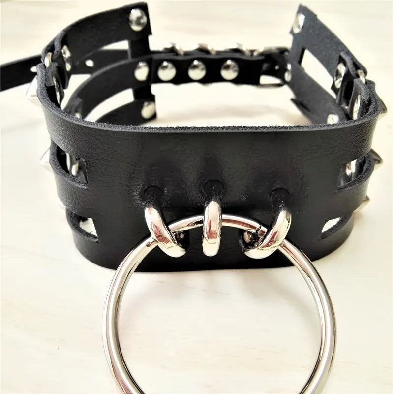 Harajuku Punk Choker Necklace Three Row Goth Big O-Round Rivet Collar