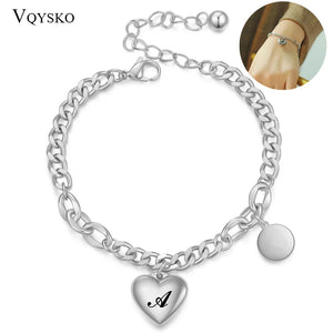 Women's Stainless Steel Initial Bracelet with Heart & Round Charm A-Z Letters
