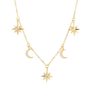 Zircon Silver Moon Star Pendant Necklace for Women 925 Sterling Silver