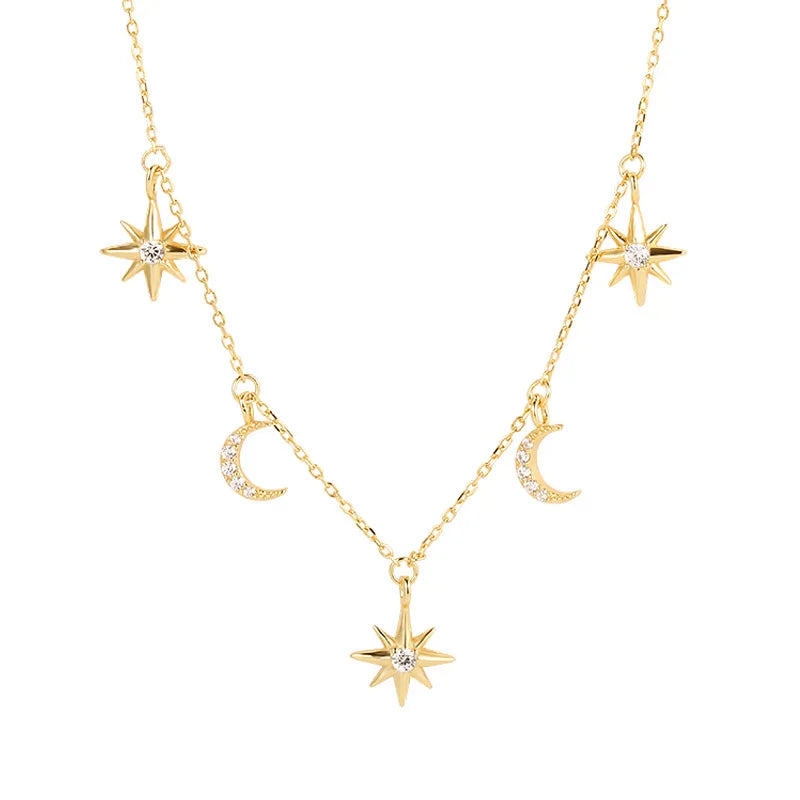 Zircon Silver Moon Star Pendant Necklace for Women 925 Sterling Silver