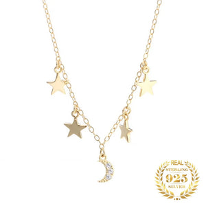 Zircon Moon Star Pendant Necklace 925 Sterling Silver Chokers