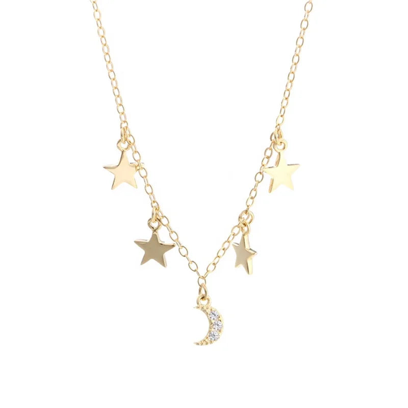 Zircon Moon Star Pendant Necklace 925 Sterling Silver Chokers